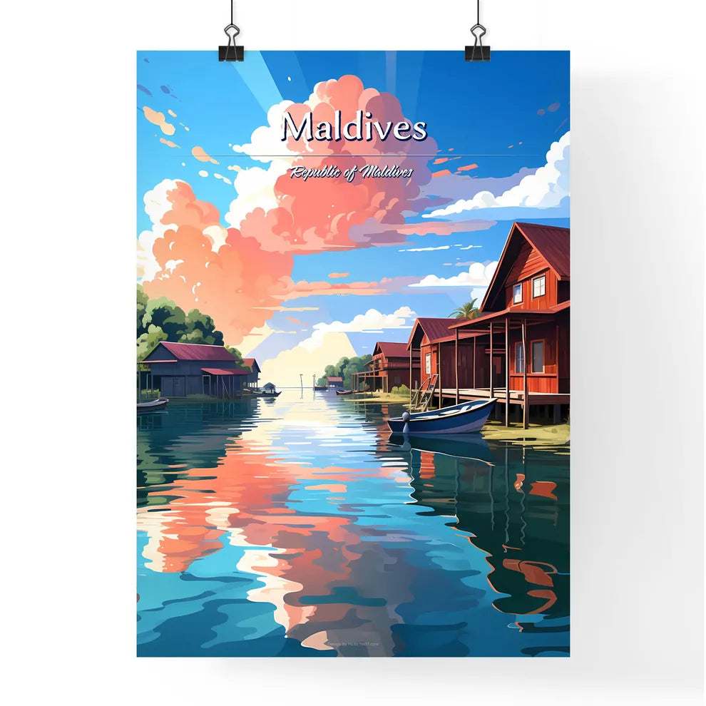 Maldives, Republic of Maldives - Art print of a row of houses on a river Poster