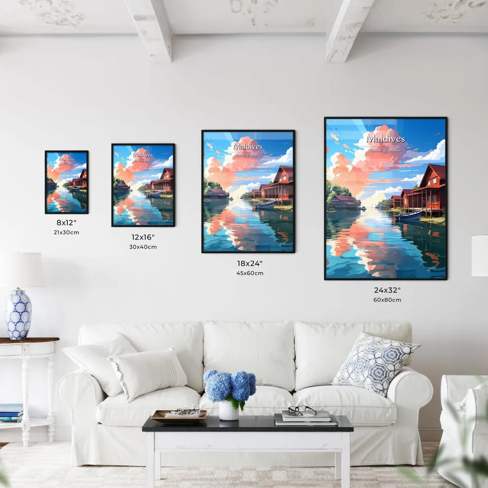 Maldives, Republic of Maldives - Art print of a row of houses on a river Size Chart