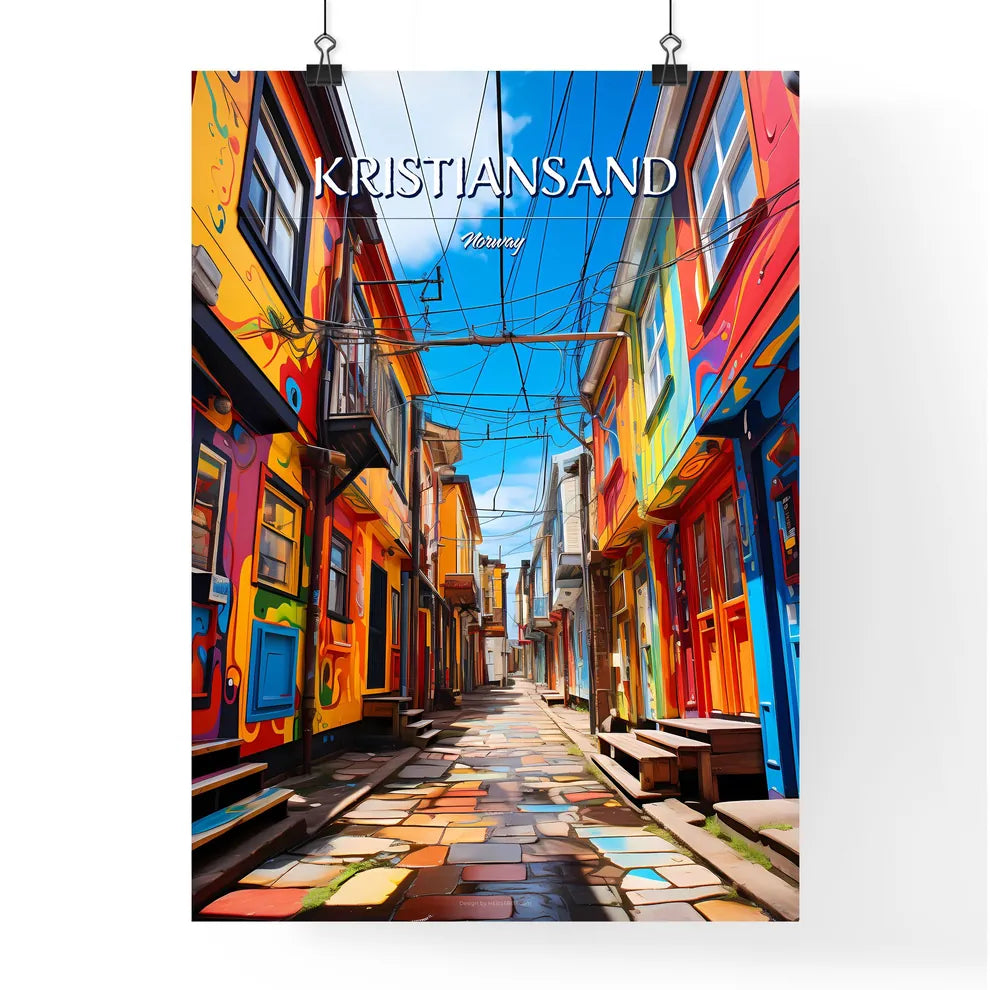 Kristiansand, Norway - Art print of a colorful alleyway with many buildings Poster