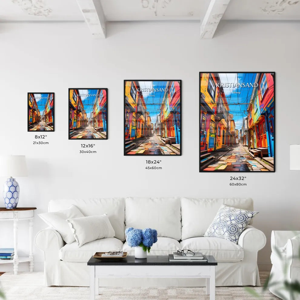 Kristiansand, Norway - Art print of a colorful alleyway with many buildings Size Chart