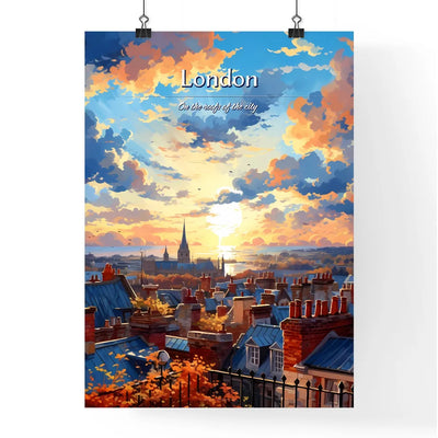 On the roofs of London, UK - Art print of a rooftops of a town with a city and a body of water