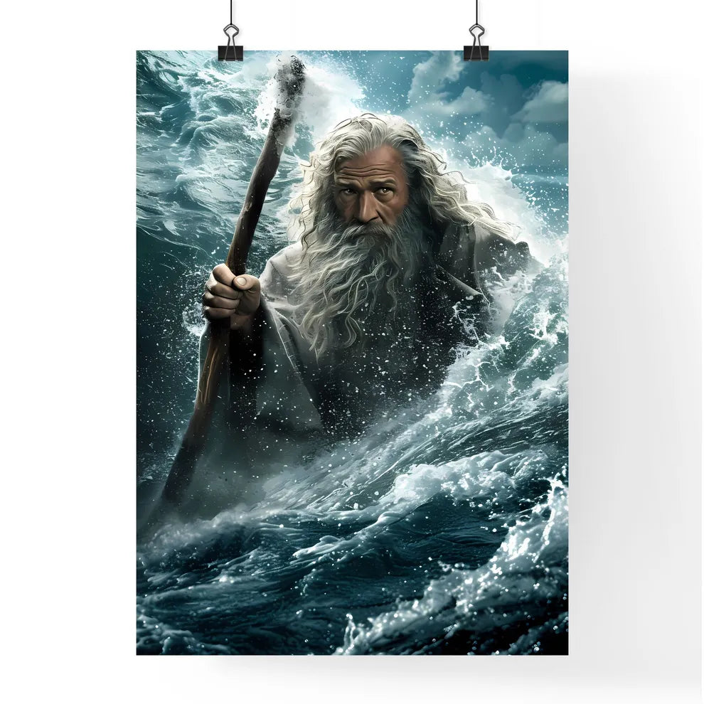 Movie poster Moses hoisting a magic staff above his head and leading many Israelites  Poster