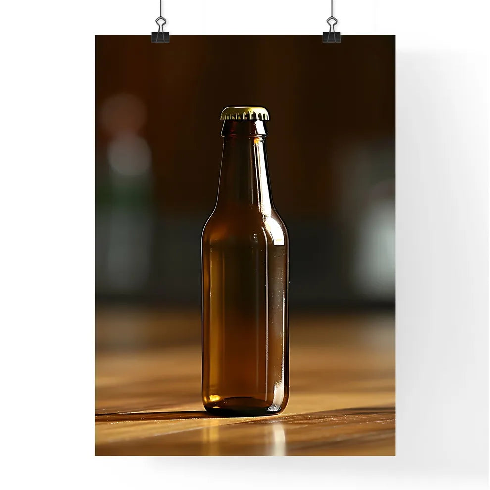 An empty beer bottle stands on a wooden tabl Poster