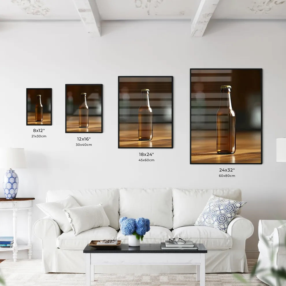 An empty beer bottle stands on a wooden tabl - Kitchen Hangings
