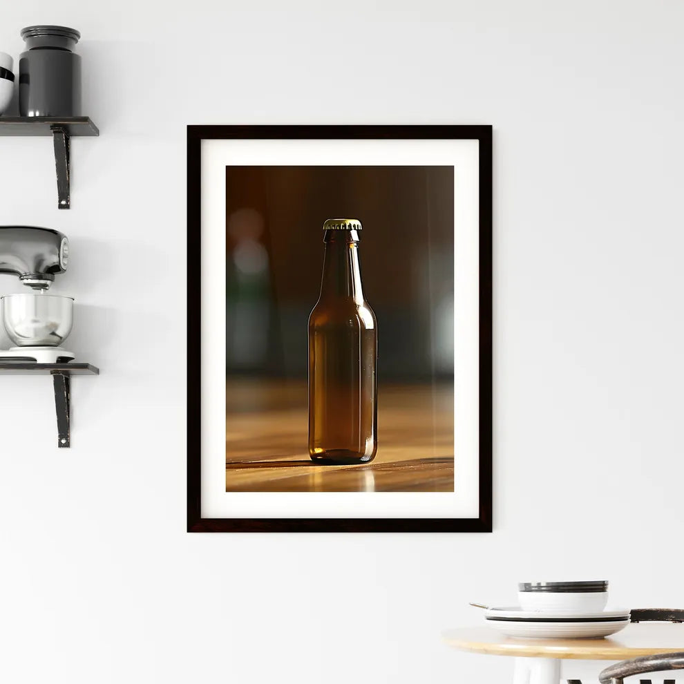 An empty beer bottle stands on a wooden tabl Framed Print