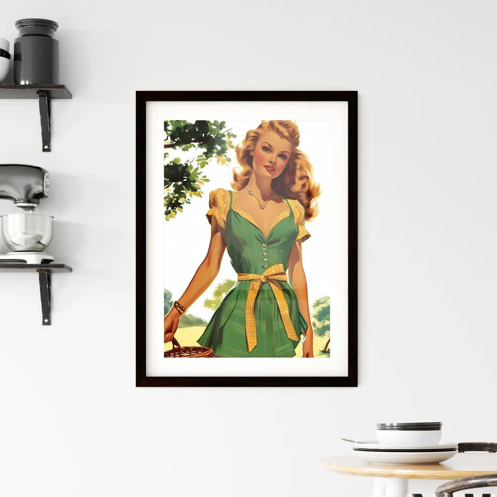 Stunning girl holding picknic basket - Art p Framed Print