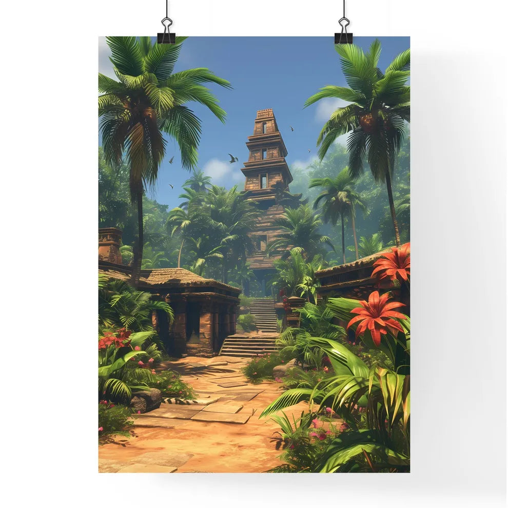 In ancient babylon, there a very wide temple structure in the middle of the walled city - Art print of a stone building surrounded by trees and plants Poster