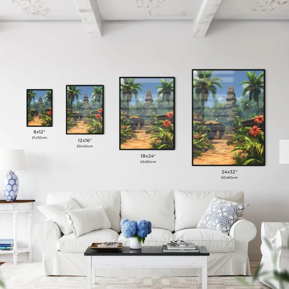 In ancient babylon, there a very wide temple structure in the middle of the walled city - Art print of a stone building surrounded by trees and plants Size Chart