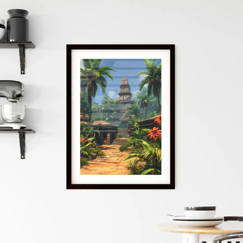In ancient babylon, there a very wide temple structure in the middle of the walled city - Art print of a stone building surrounded by trees and plants Custom Print