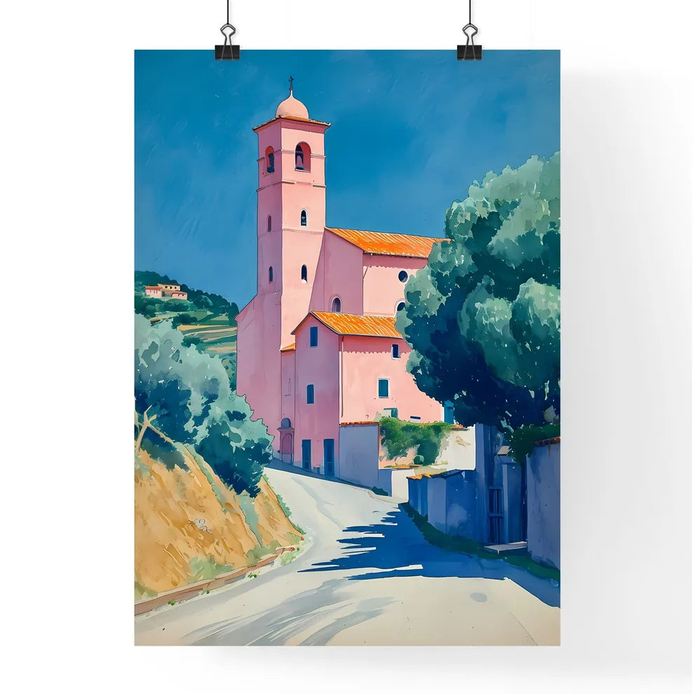 Amidst a countryside canvas - Art print of a painting of a pink building with a tower Poster
