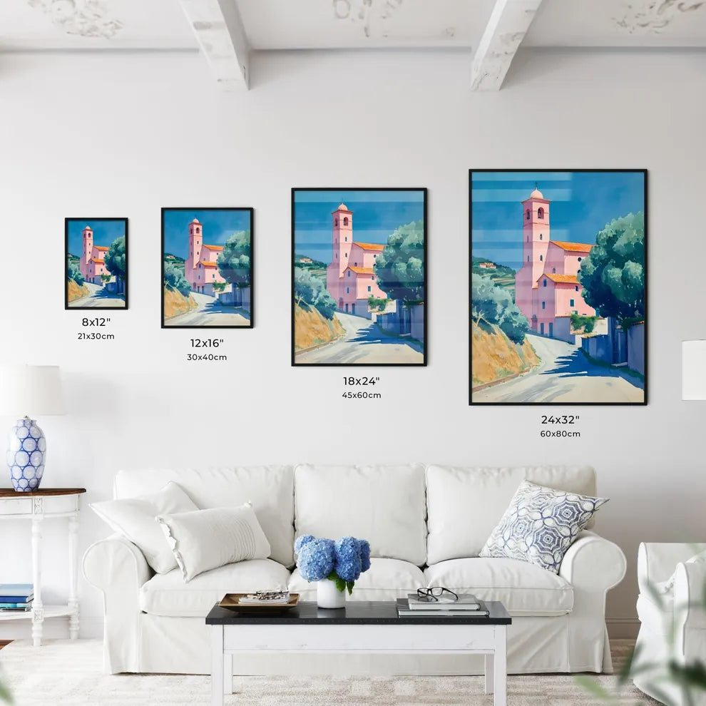 Amidst a countryside canvas - Art print of a painting of a pink building with a tower Size Chart