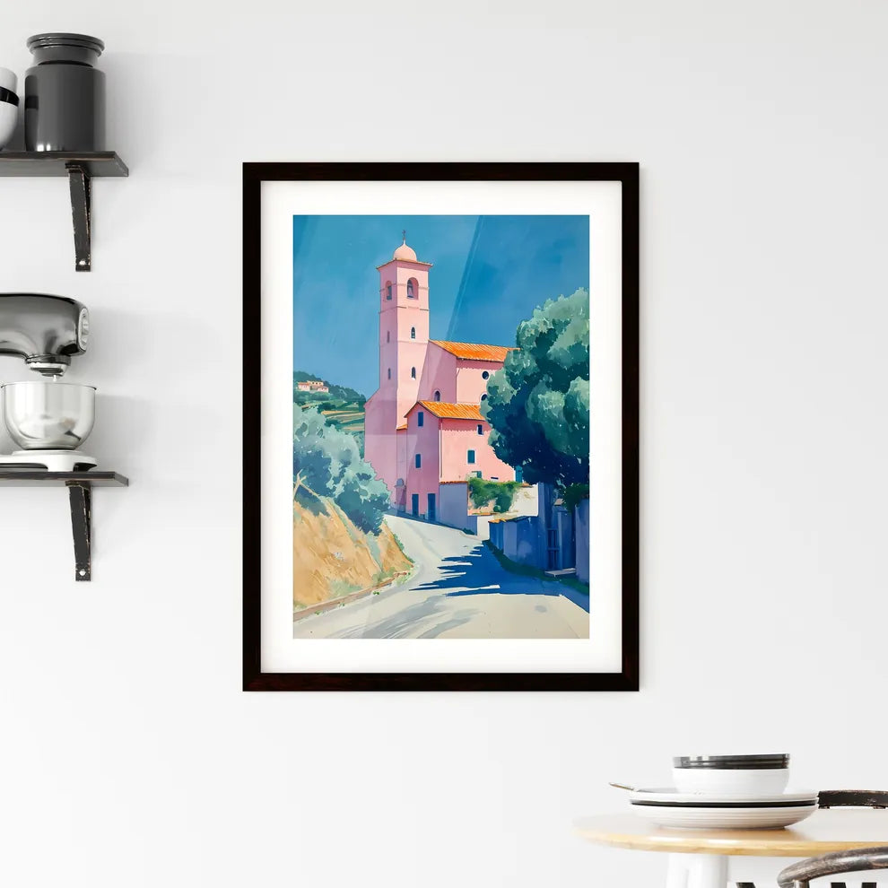 Amidst a countryside canvas - Art print of a painting of a pink building with a tower Custom Print