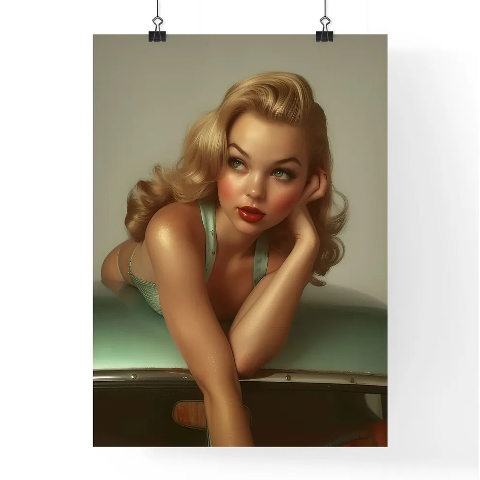 The vintage pin up girl leaning on a car - A Poster