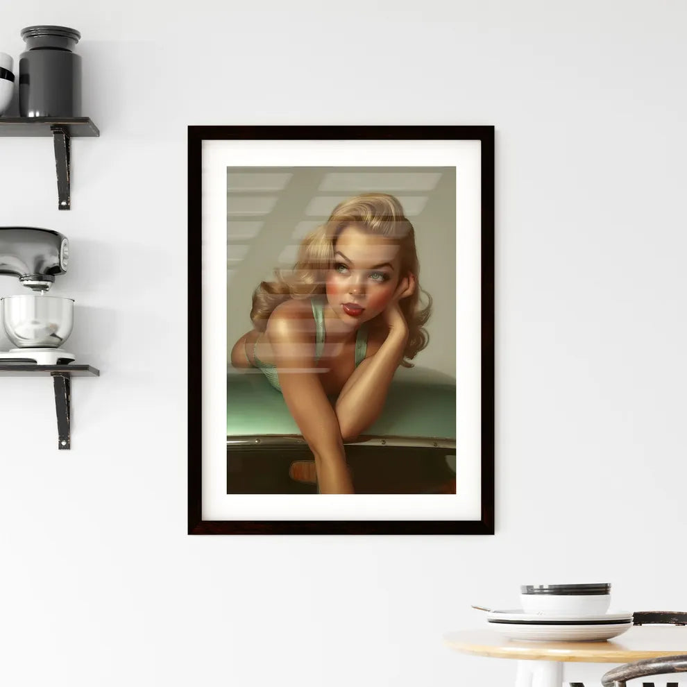 The vintage pin up girl leaning on a car - A Framed Print