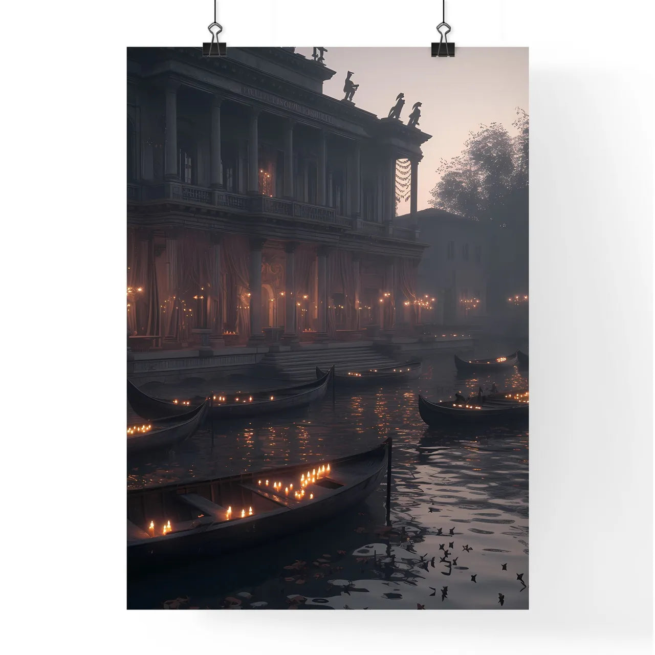 Ancient Israel - Art print of boats in a river with boats lit up with candles Poster