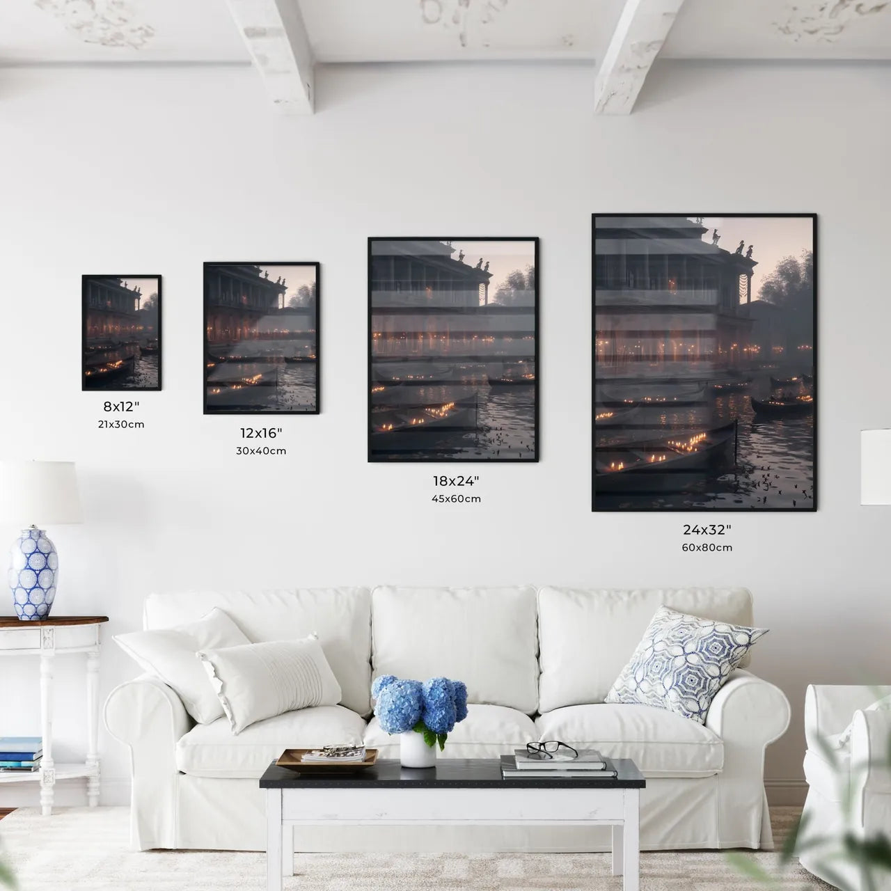 Ancient Israel - Art print of boats in a river with boats lit up with candles Size Chart