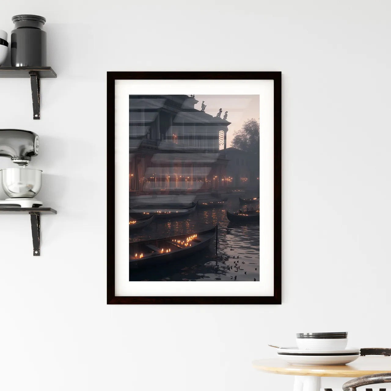 Ancient Israel - Art print of boats in a river with boats lit up with candles Custom Print