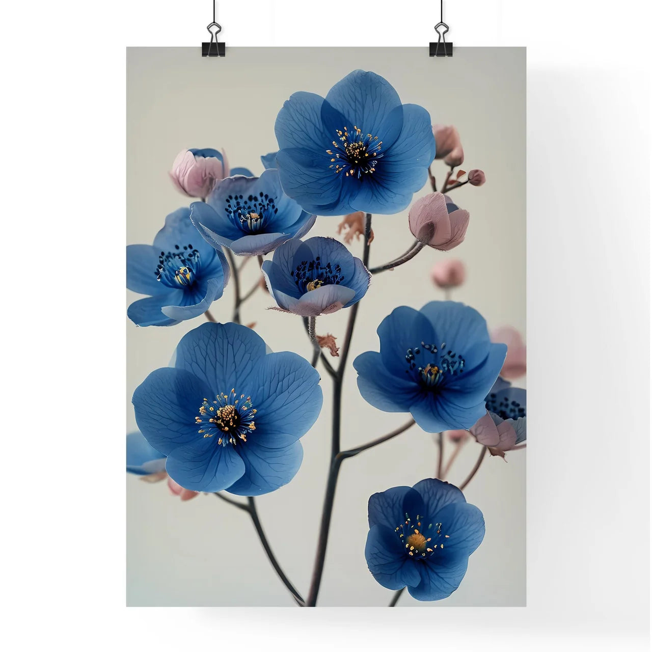 Flowers in blue on a pastel white background Poster