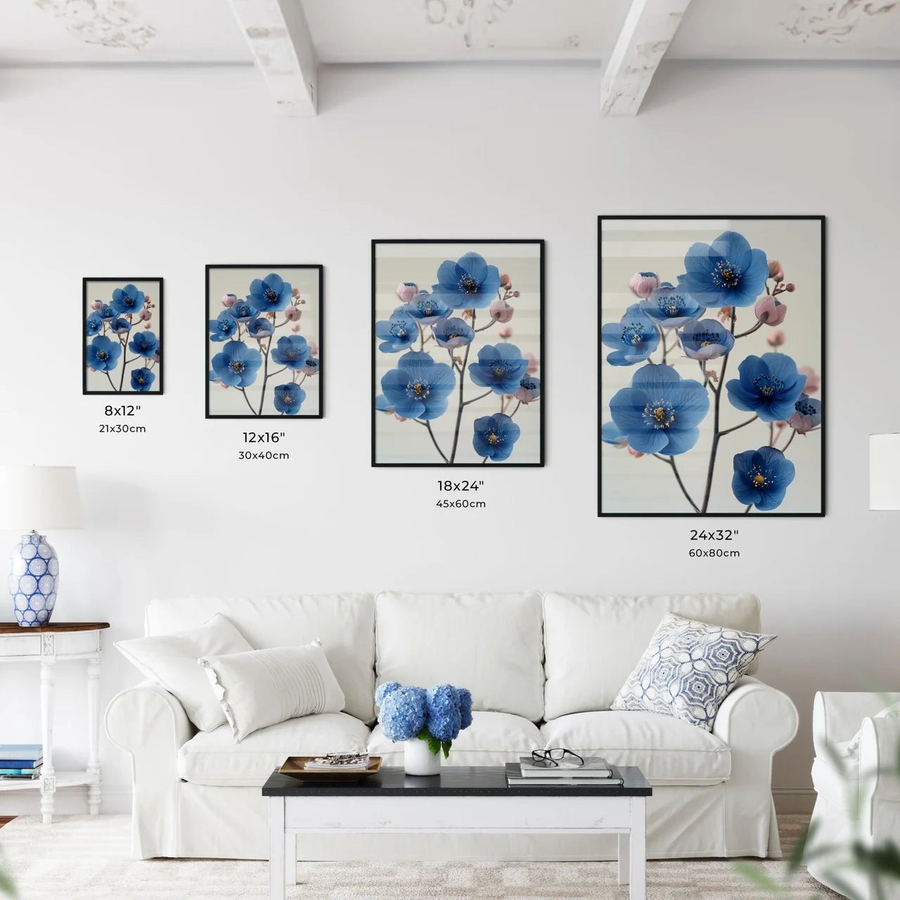 Flowers in blue on a pastel white background - Kitchen Hangings