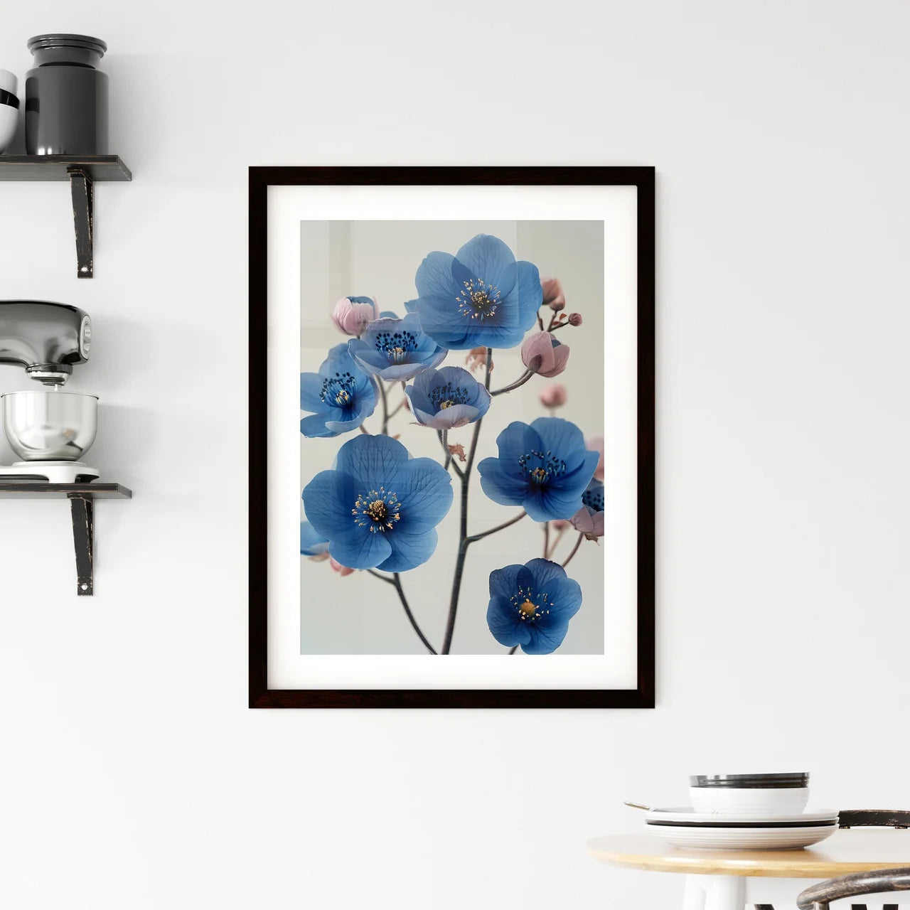 Flowers in blue on a pastel white background Framed Print