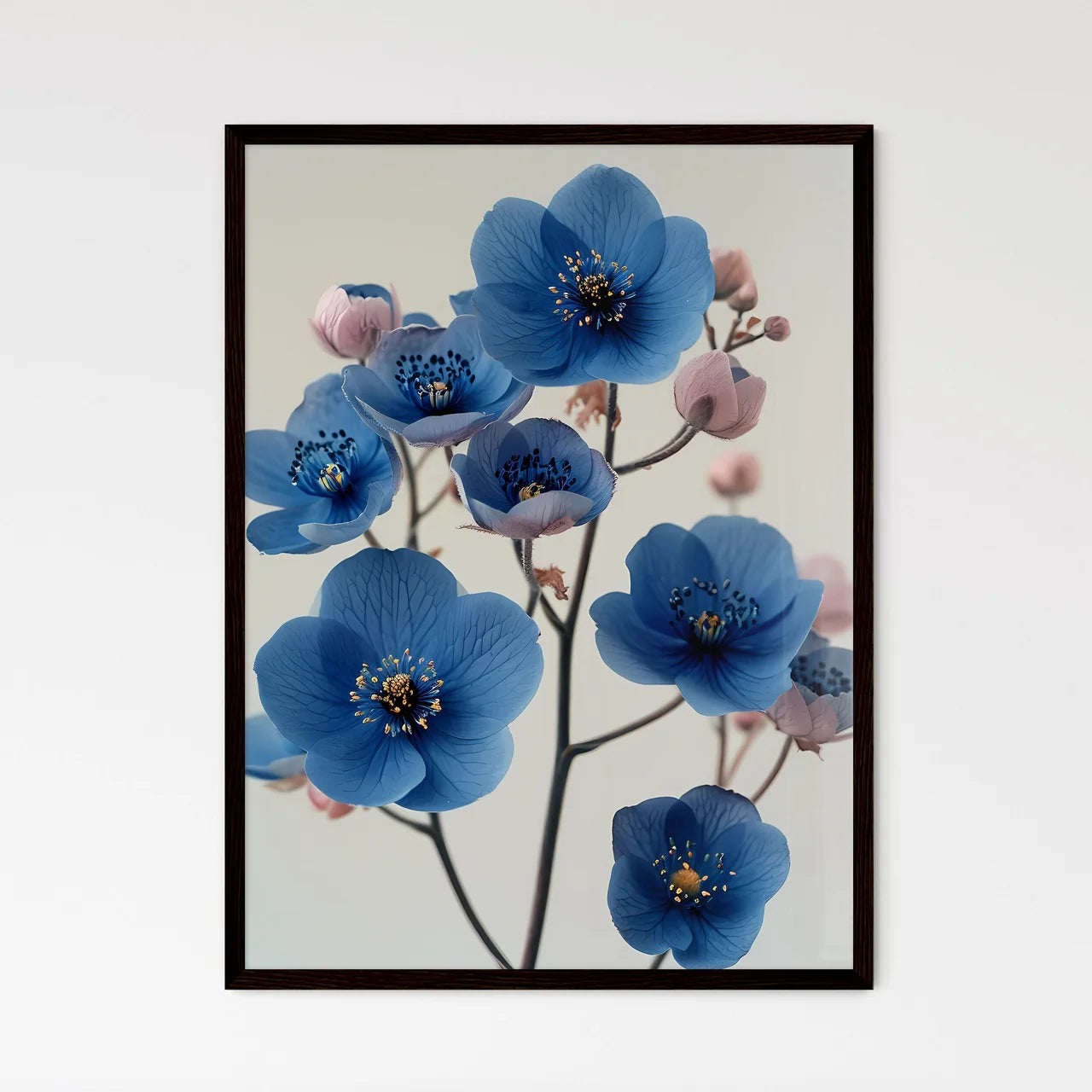 Flowers in blue on a pastel white background - Framed Art Print