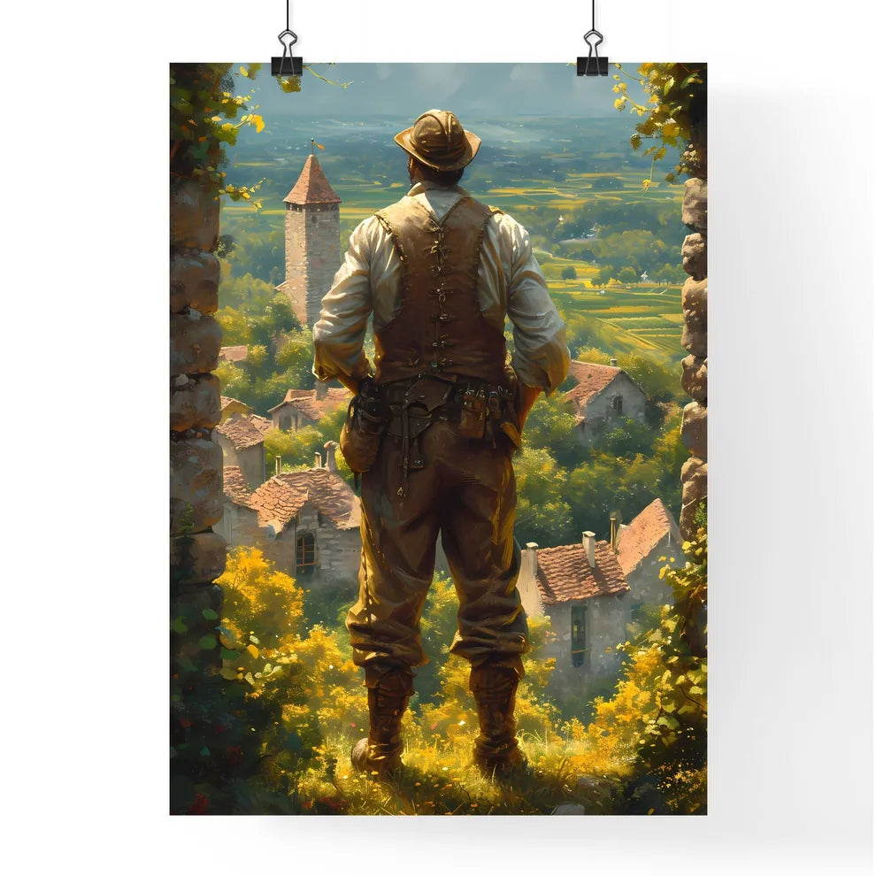 A French vineyard owner - Art print of a man standing on a ledge looking at a village Poster