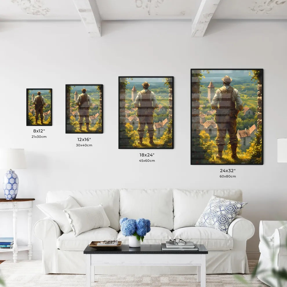 A French vineyard owner - Art print of a man standing on a ledge looking at a village Size Chart