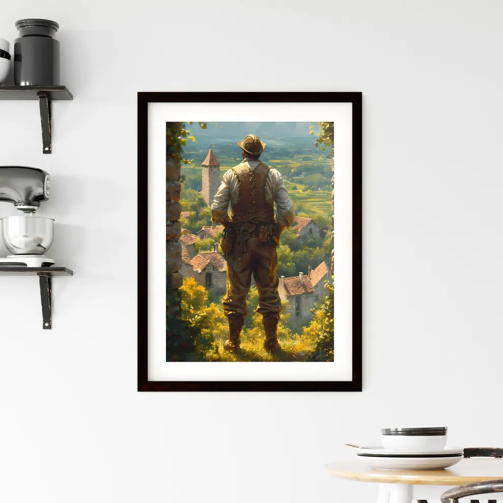 A French vineyard owner - Art print of a man standing on a ledge looking at a village Custom Print