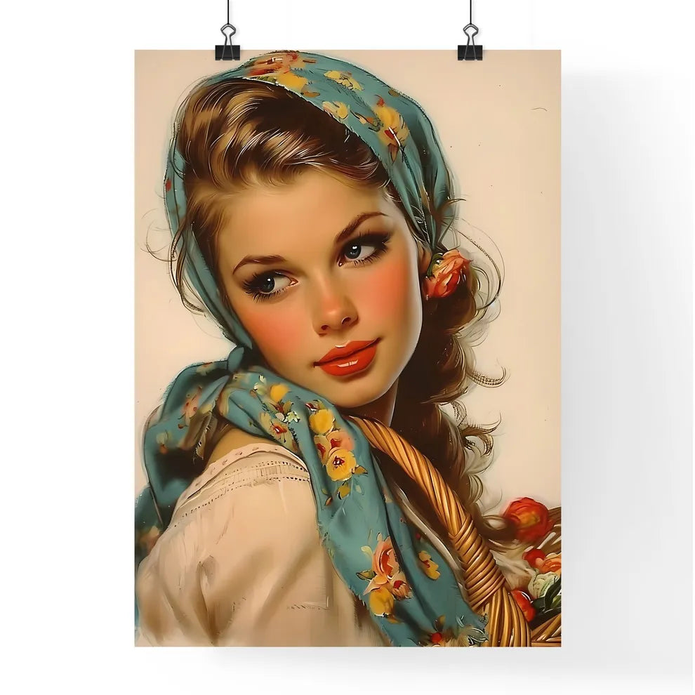 Stunning girl holding picknic basket - Art p Poster