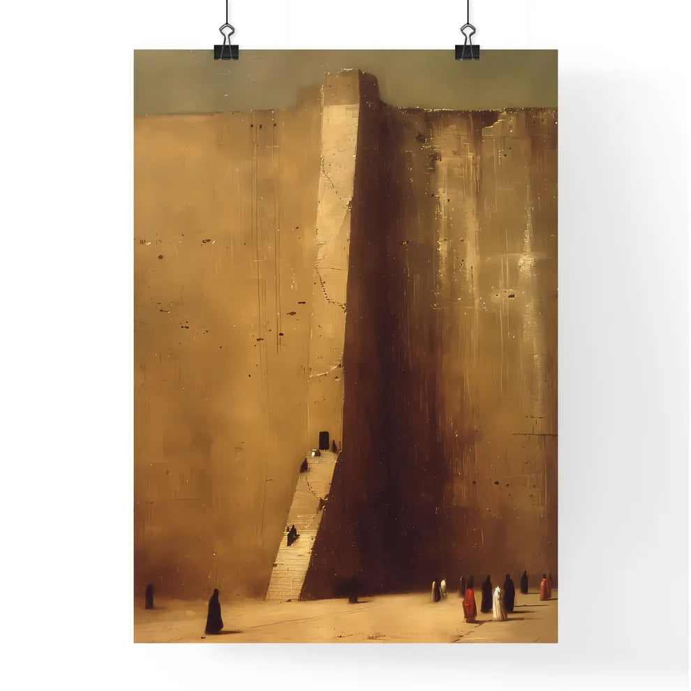 In ancient babylon, there a very wide temple structure in the middle of the walled city - Art print of a group of people walking up a steep wall Poster