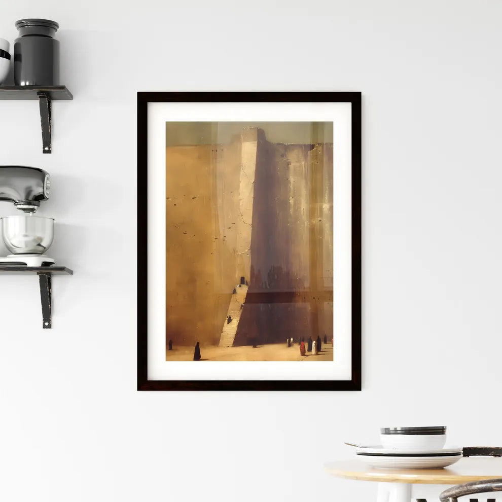 In ancient babylon, there a very wide temple structure in the middle of the walled city - Art print of a group of people walking up a steep wall Custom Print