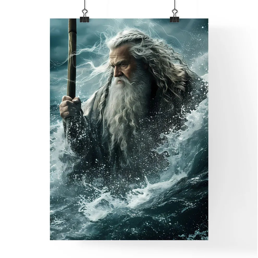 Movie poster Moses hoisting a magic staff above his head and leading many Israelites  Poster