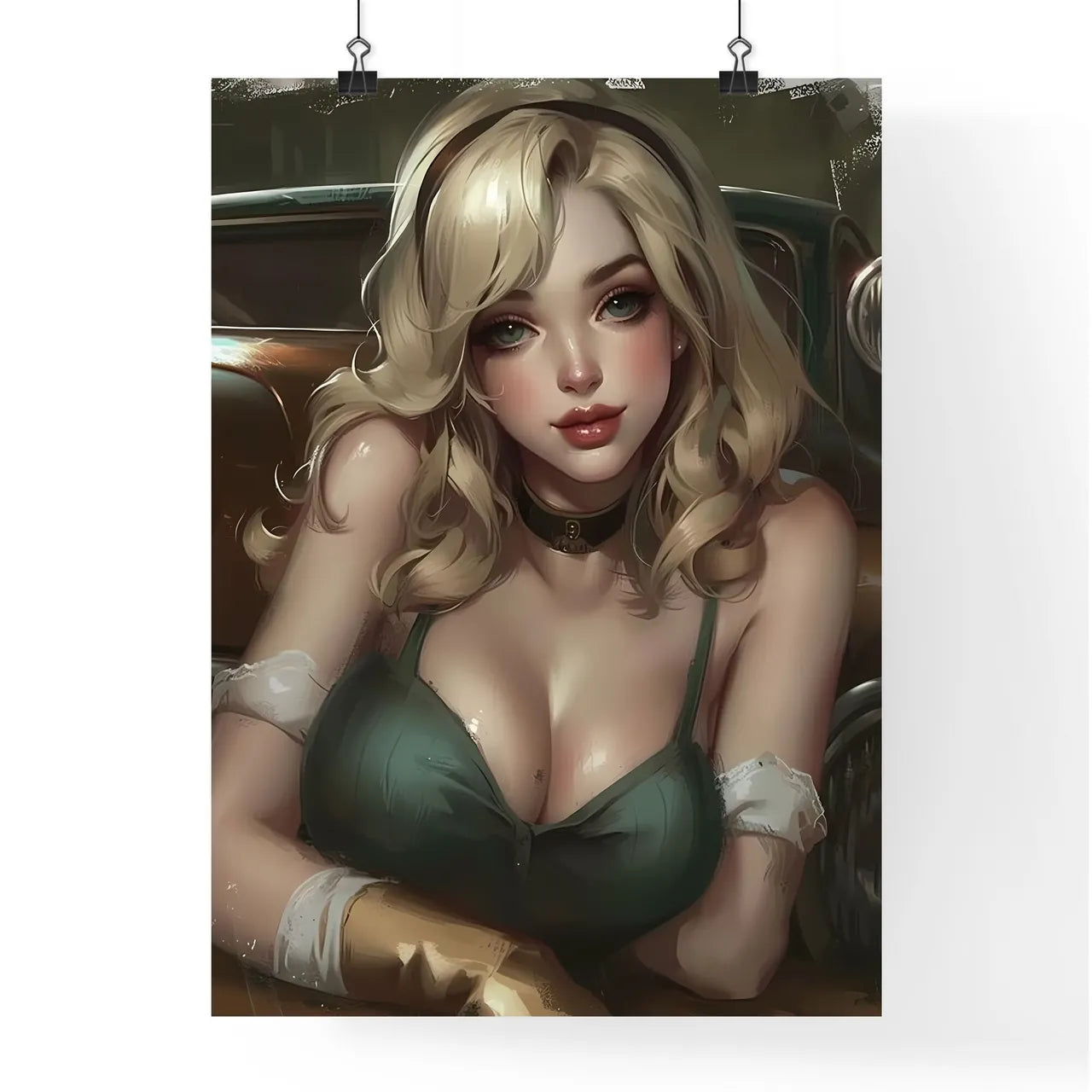 The vintage pin up girl leaning on a car - A Poster