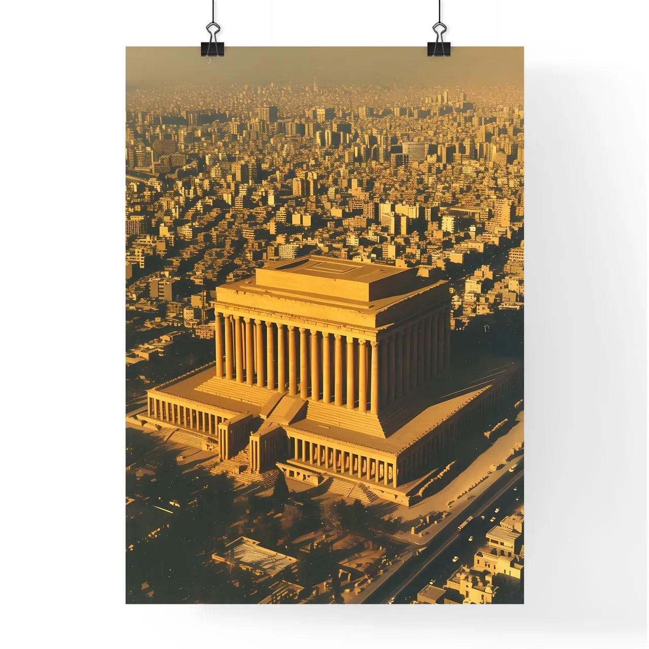 In ancient babylon, there a very wide temple structure in the middle of the walled city - Art print of a large building with columns and a large city Poster