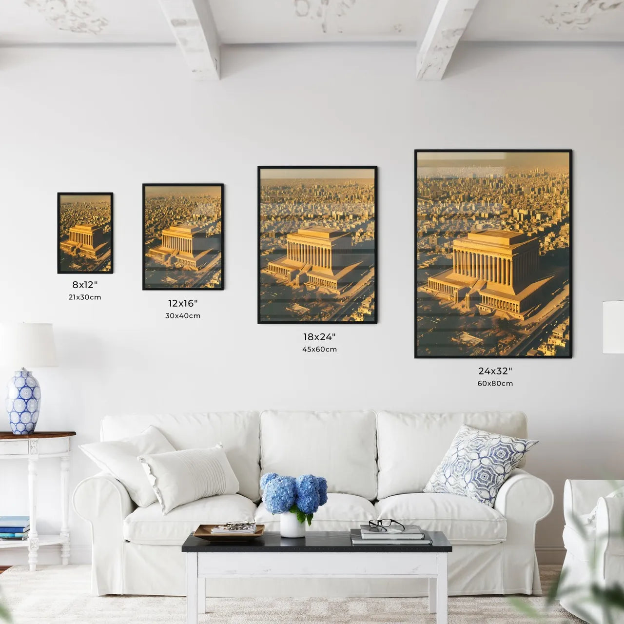 In ancient babylon, there a very wide temple structure in the middle of the walled city - Art print of a large building with columns and a large city Size Chart
