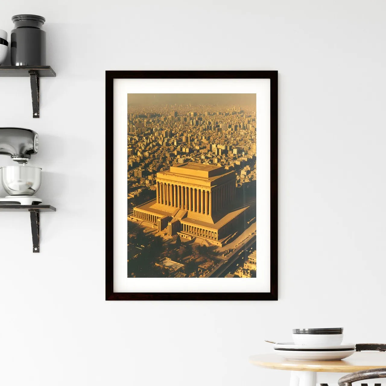In ancient babylon, there a very wide temple structure in the middle of the walled city - Art print of a large building with columns and a large city Custom Print