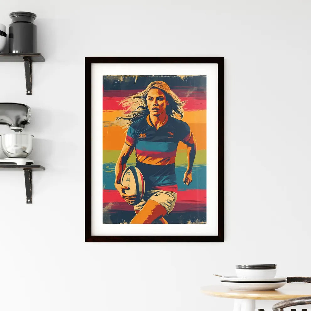 Rugby girl - Art print of a woman runn Framed Print