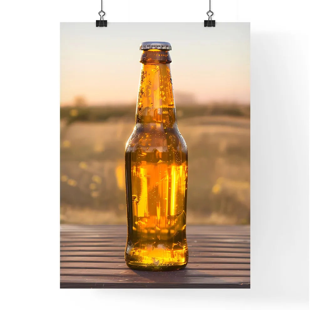 An empty beer bottle stands on a wooden tabl Poster