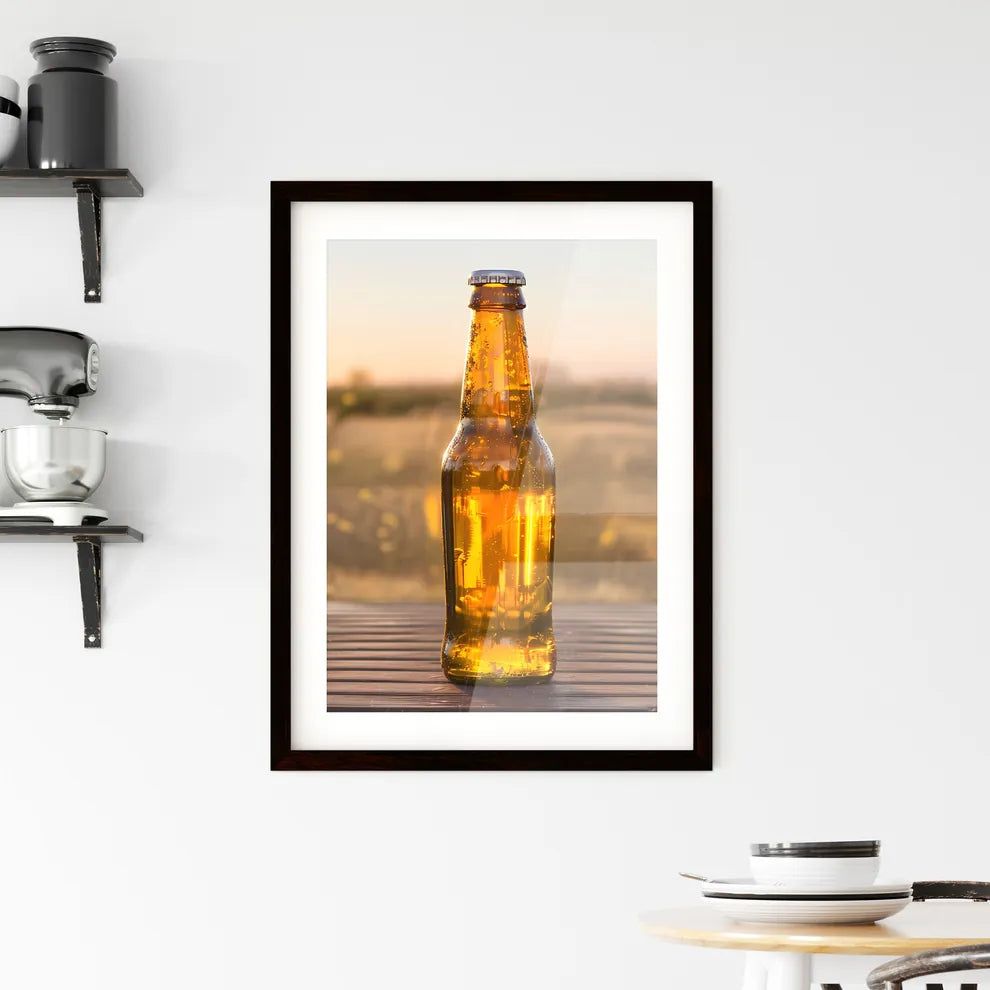 An empty beer bottle stands on a wooden tabl Framed Print
