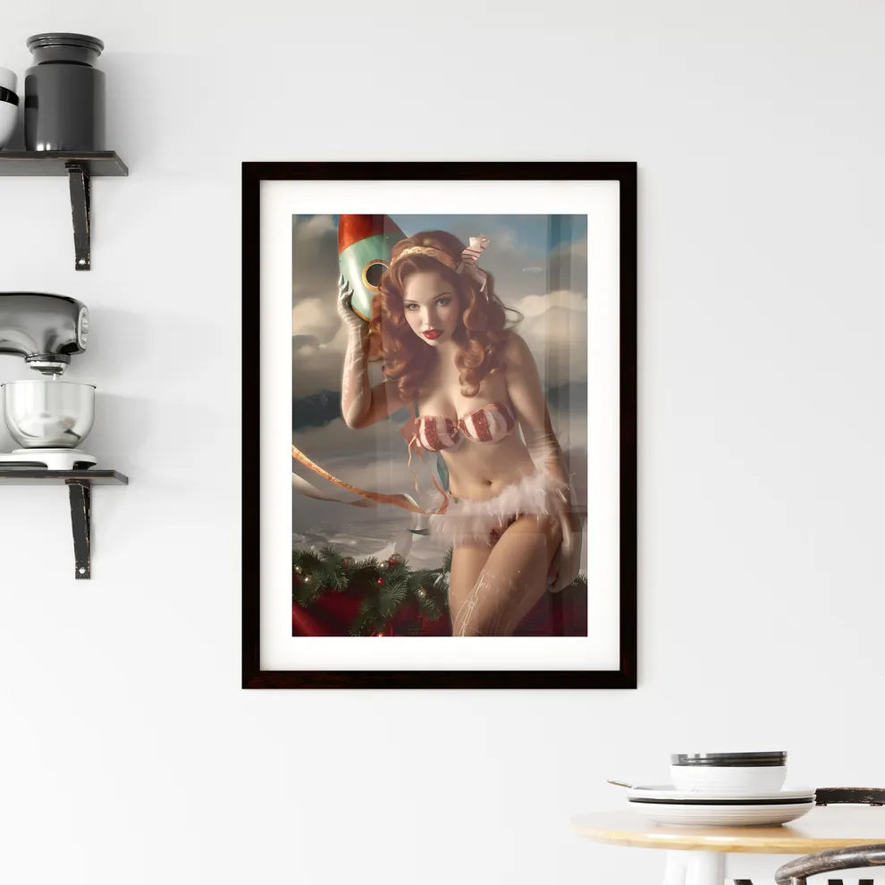 A pin-up woman on a rocket - Art print of a  Framed Print