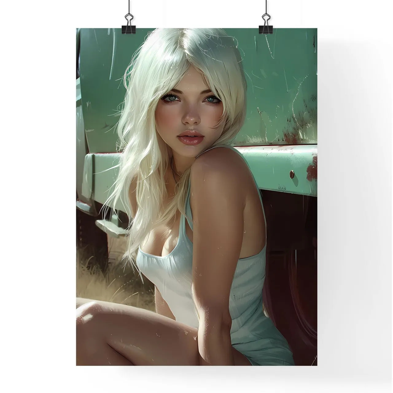 Sitting pin up factory worker girl Poster