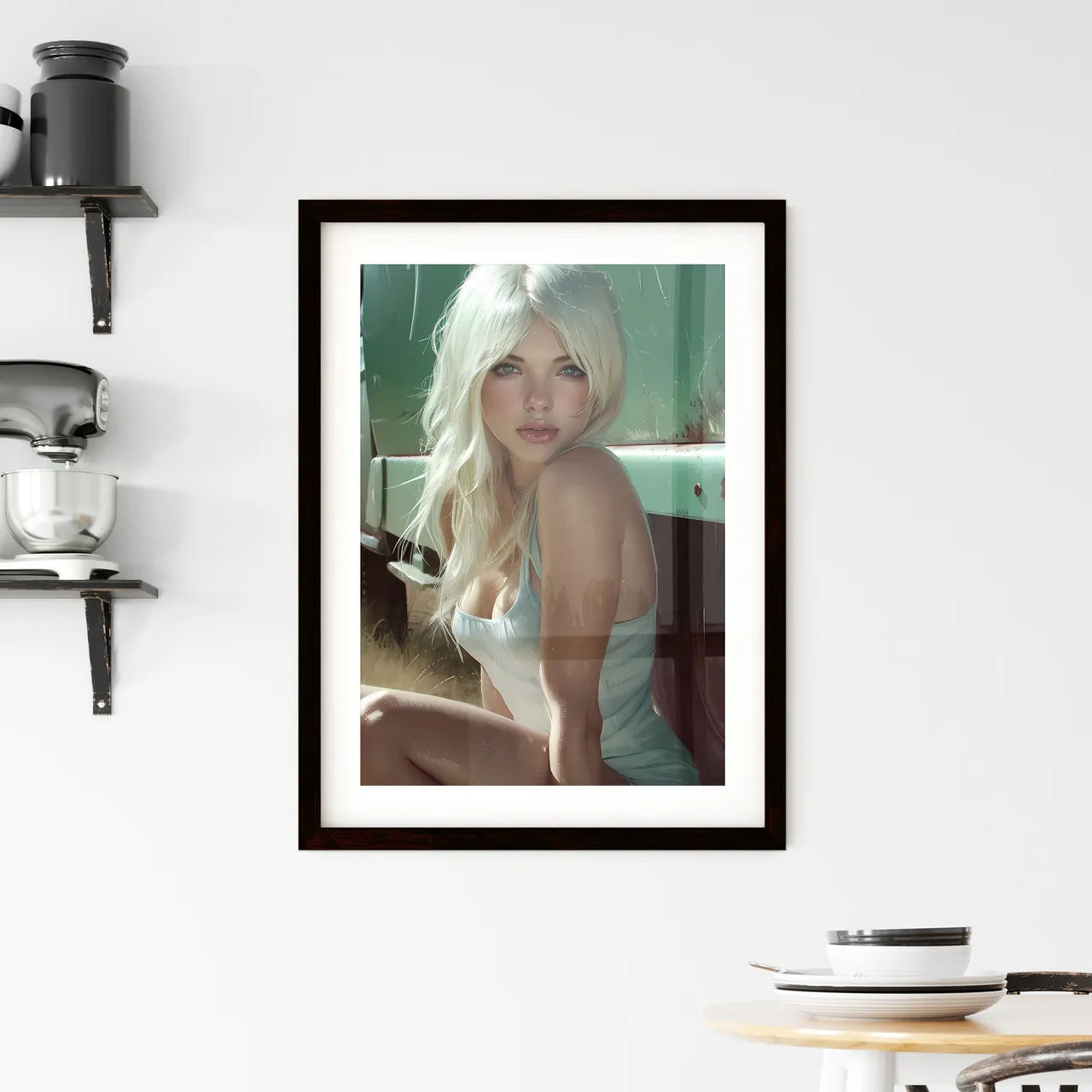 Sitting pin up factory worker girl Framed Print
