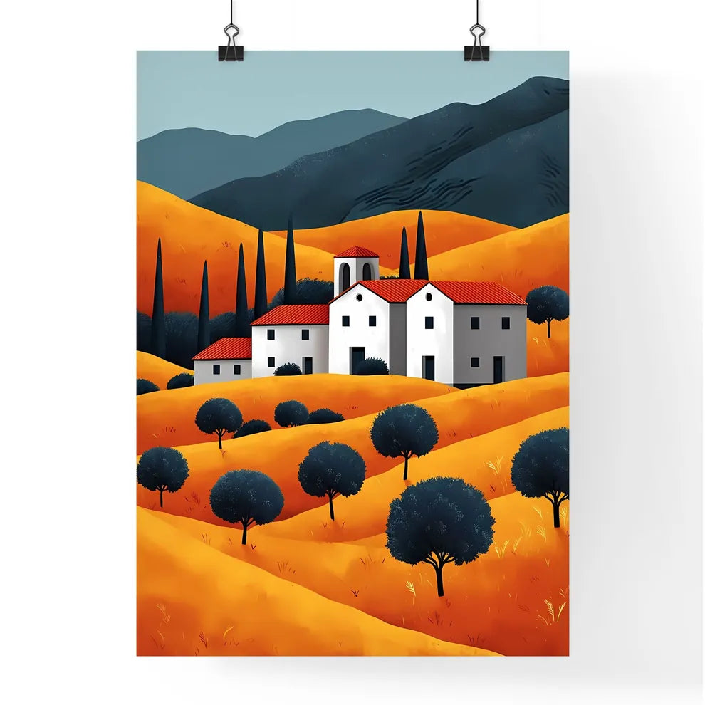 Autumn scenery, yellow wheat fields - Art print of a house in a valley Poster