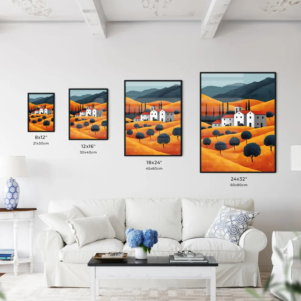 Autumn scenery, yellow wheat fields - Art print of a house in a valley Size Chart