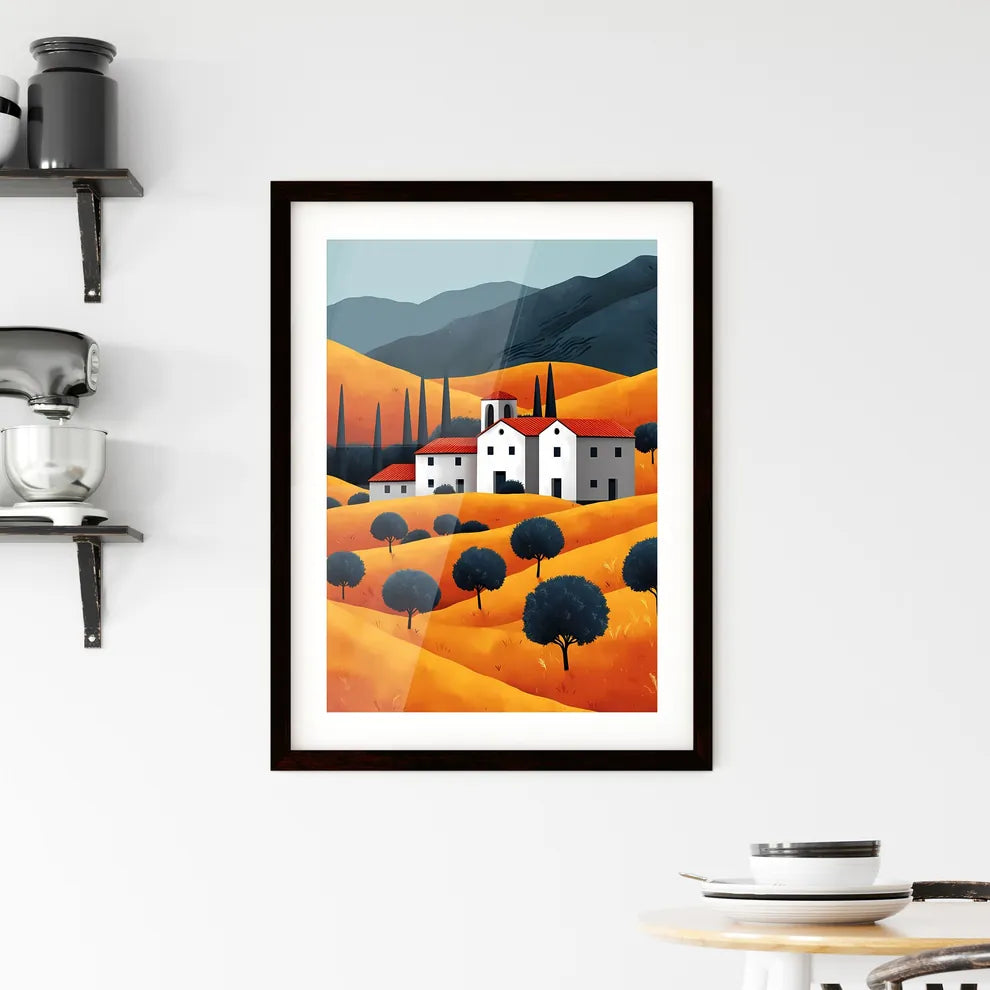 Autumn scenery, yellow wheat fields - Art print of a house in a valley Custom Print