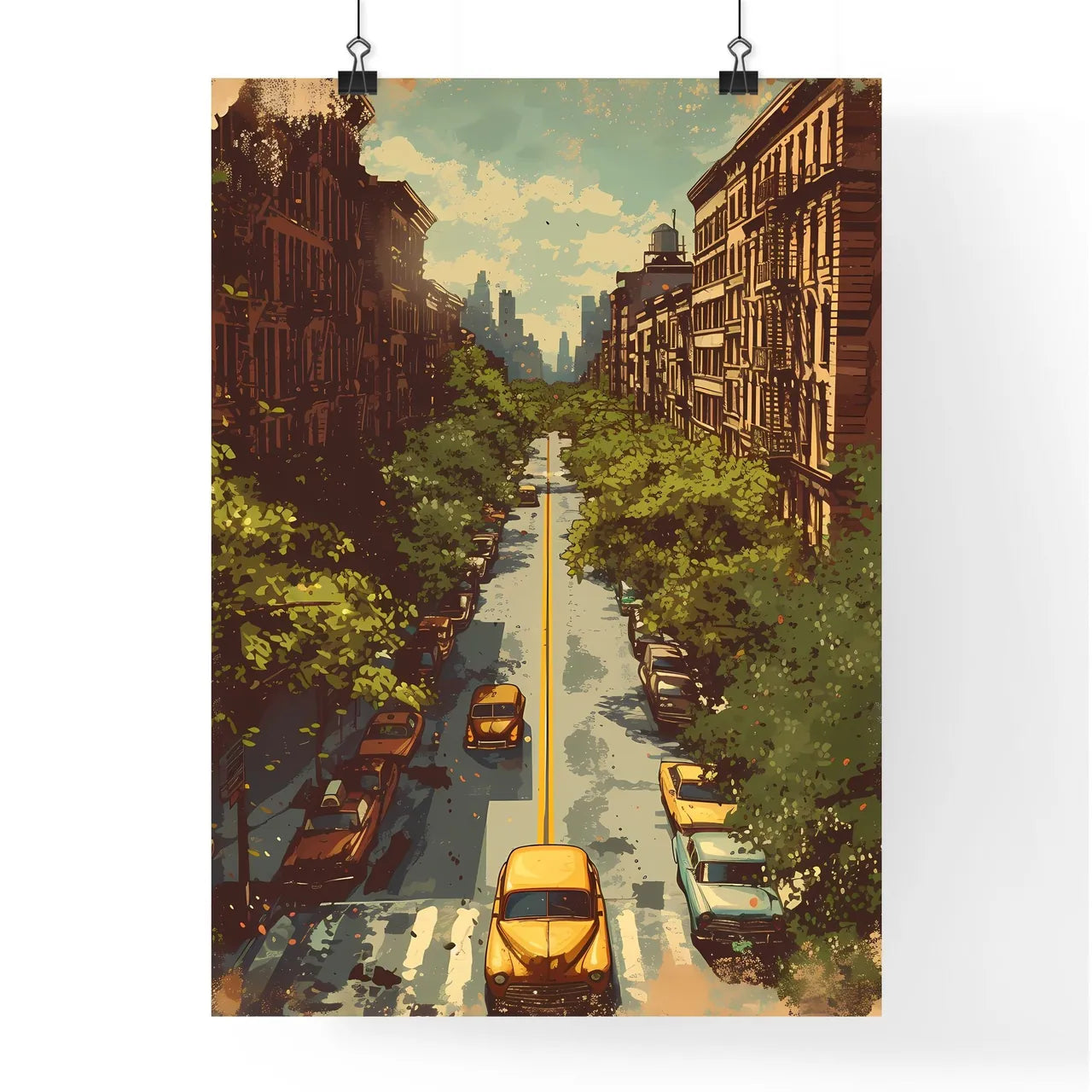 Poster of New York - Art print of a street with cars and buildings Poster