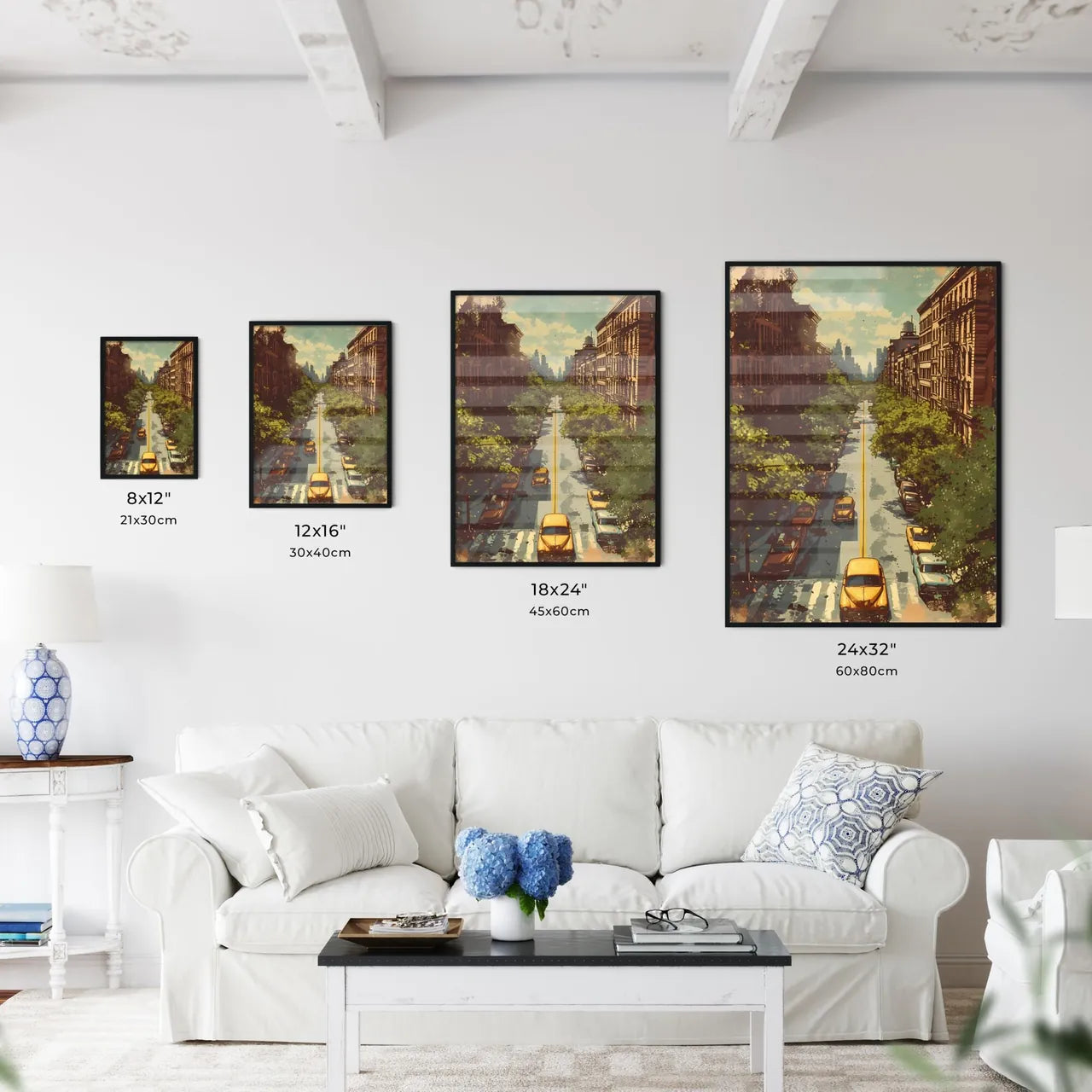 Poster of New York - Art print of a street with cars and buildings Size Chart