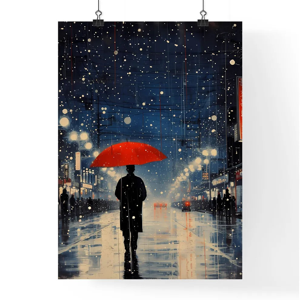 Expect a sprinkle of luck today - Art print of a person holding a red umbrella walking down a street Poster