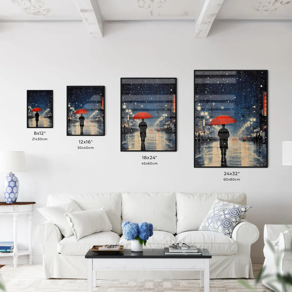 Expect a sprinkle of luck today - Art print of a person holding a red umbrella walking down a street Size Chart