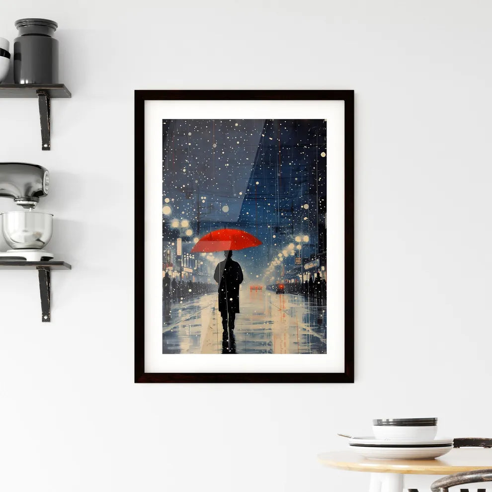 Expect a sprinkle of luck today - Art print of a person holding a red umbrella walking down a street Custom Print